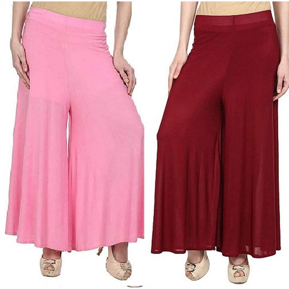 Pack Of 2 Viscose Long Palazzo Pants for Women (Baby Pink - Mahroon