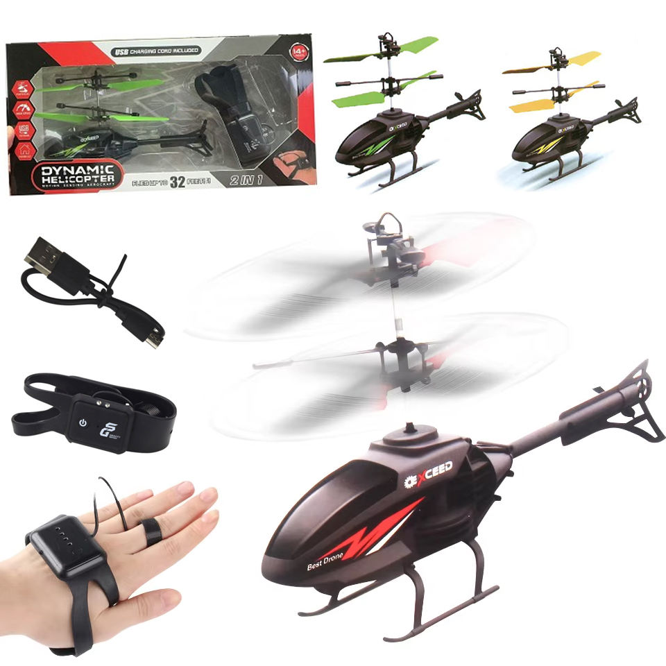 2-in-1 Wrist Watch Control Flying Helicopter Toy with Charging LED Lights Induction Drone for Kids Rechargeable RC Helicopter Toys