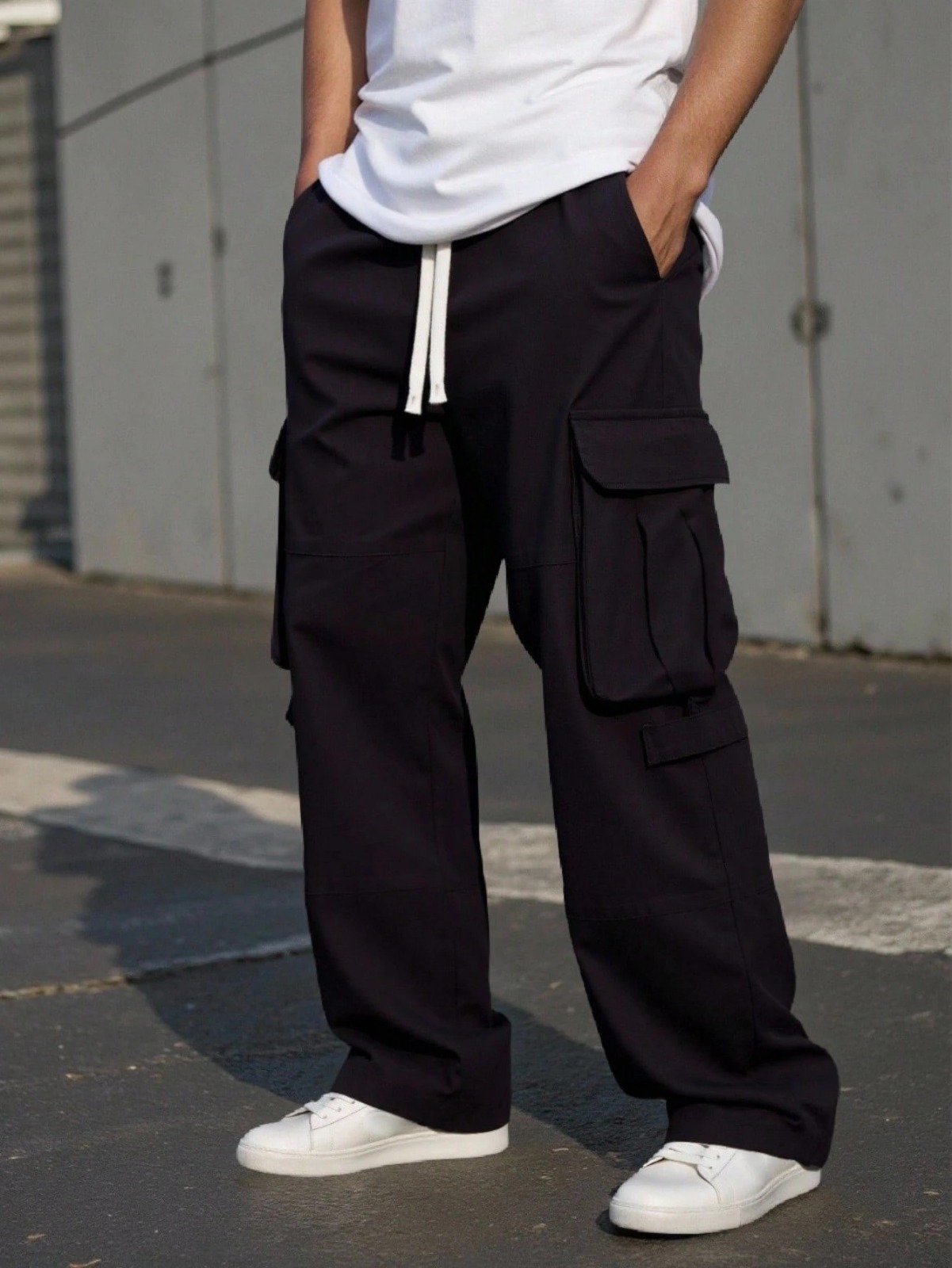 Men's Full-Length Wide-Leg Cargo Pants with Multiple Pockets - Adjustable Waist, Full Length - Available in XS/L