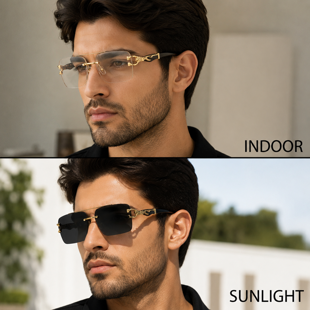 UrbanHive.pk All-Season Outdoor Premium Polycarbonate & TR90 Frame Rimless Photochromic Color-Changing Eyewear Sunglasses for Men & Women - Luxury Cheetah Style Solar Magic Glasses for Girls & Boys - Unisex Frameless Shades for Ladies