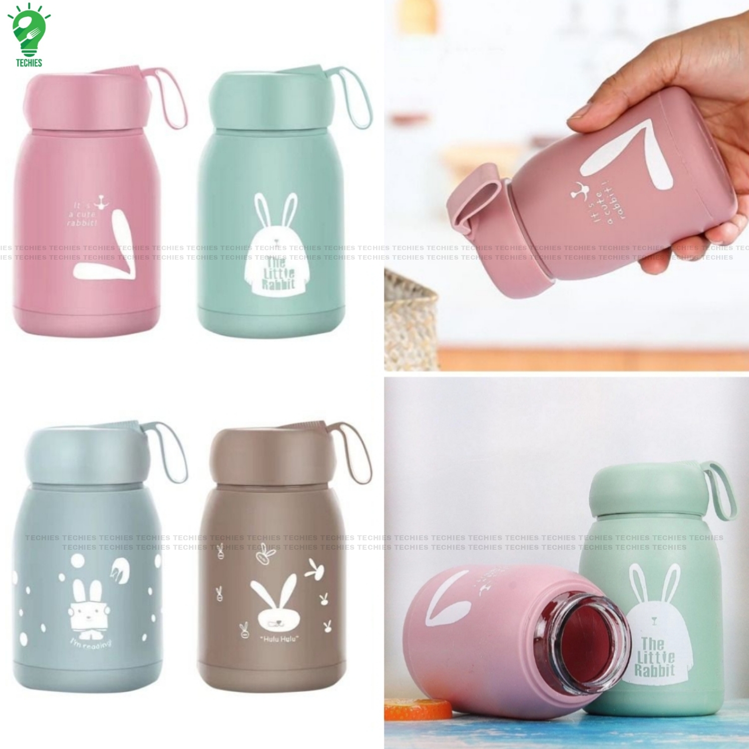 Travel Water Bottles Glass n Plastic 400ml | Double Wall Vacuum Insulation Hot & Cold Thermos Flask | Easy to Carry Rabbit Shape