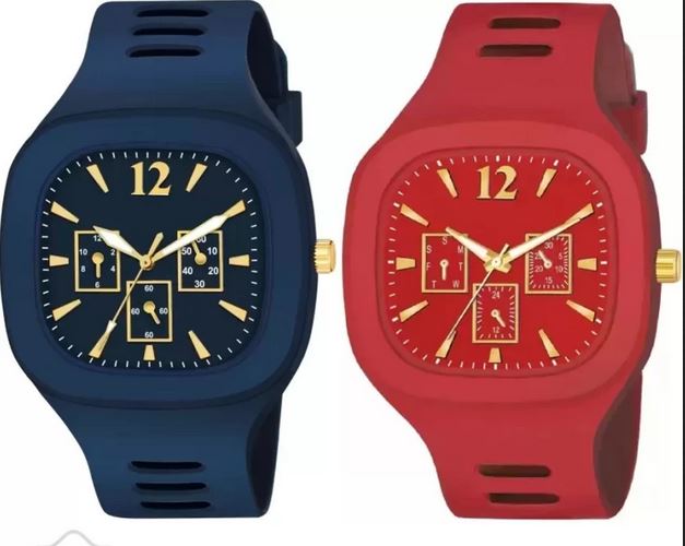 Pack of 2 Stylish Square Dial Smooth Silicon Straps Casual Watch Stylish Analog Watch for Boys Men's
