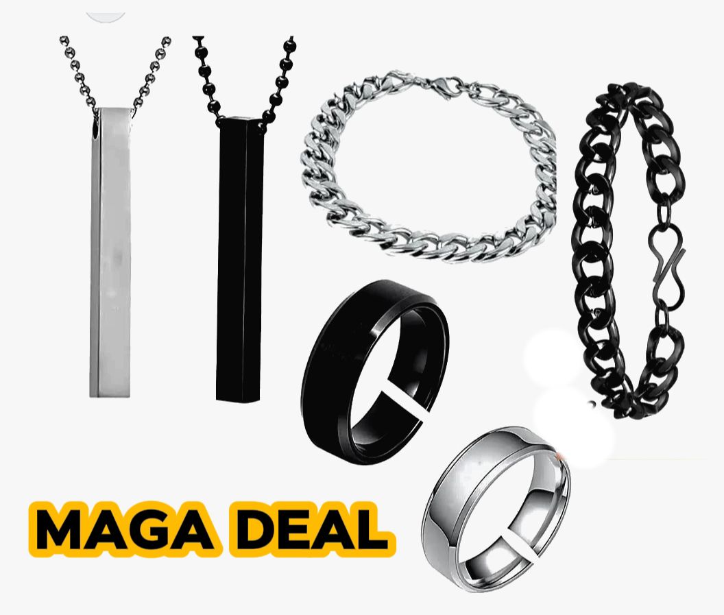 PACK OF 6 MEGA DEAL FASHION STAINLESS STEEL | BLACK 3D-BAR STICK LOCKET + TITANIUM RING + CUBAN LINK CHAIN BRACELET FOR BOYS AND GIRLS | TRENDY JEWELRY SET FOR MEN AND WOMEN