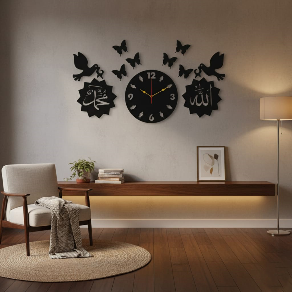 Bird Butterfly Clock, AM written Arabic islamic wall clock For Home And Offices, Laser Cut Bird Butterfly Decorative Wooden Wall Clock