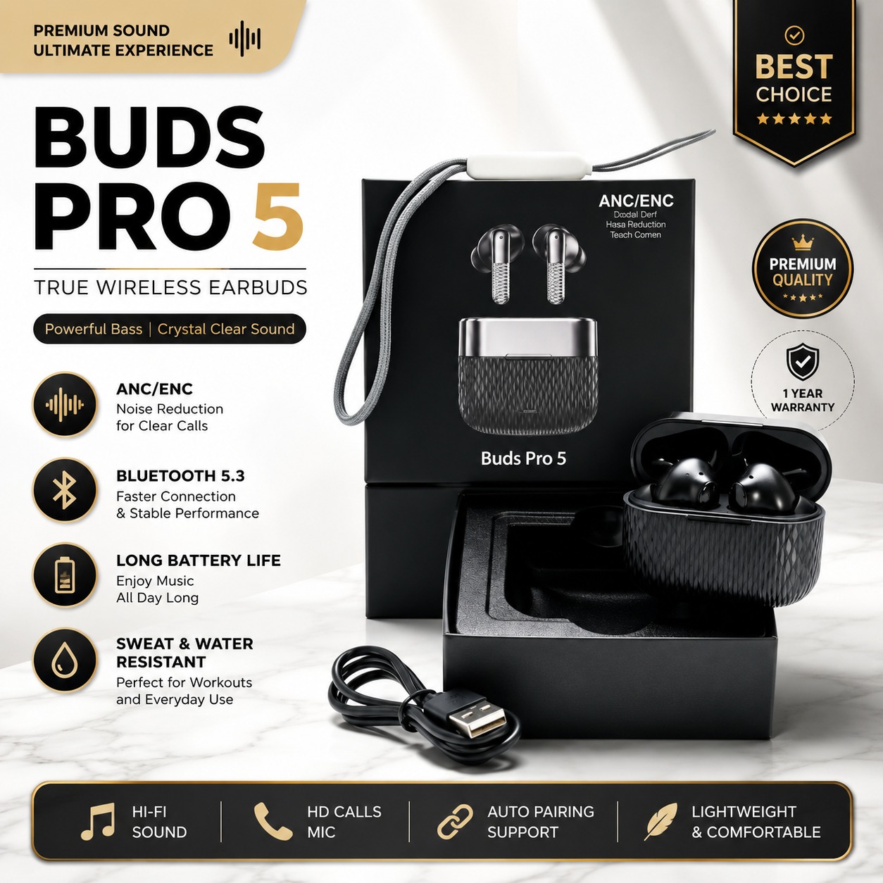 🔥 Original Buds Pro 5 TWS Wireless Earbuds Bluetooth 5.3 Headset, ANC & ENC Noise Cancellation, 9D HiFi Stereo Sound, Touch Control, LED Battery Display, Type-C Fast Charging, Waterproof Sports Earphones with HD Microphone for Android &  All Smart Phone