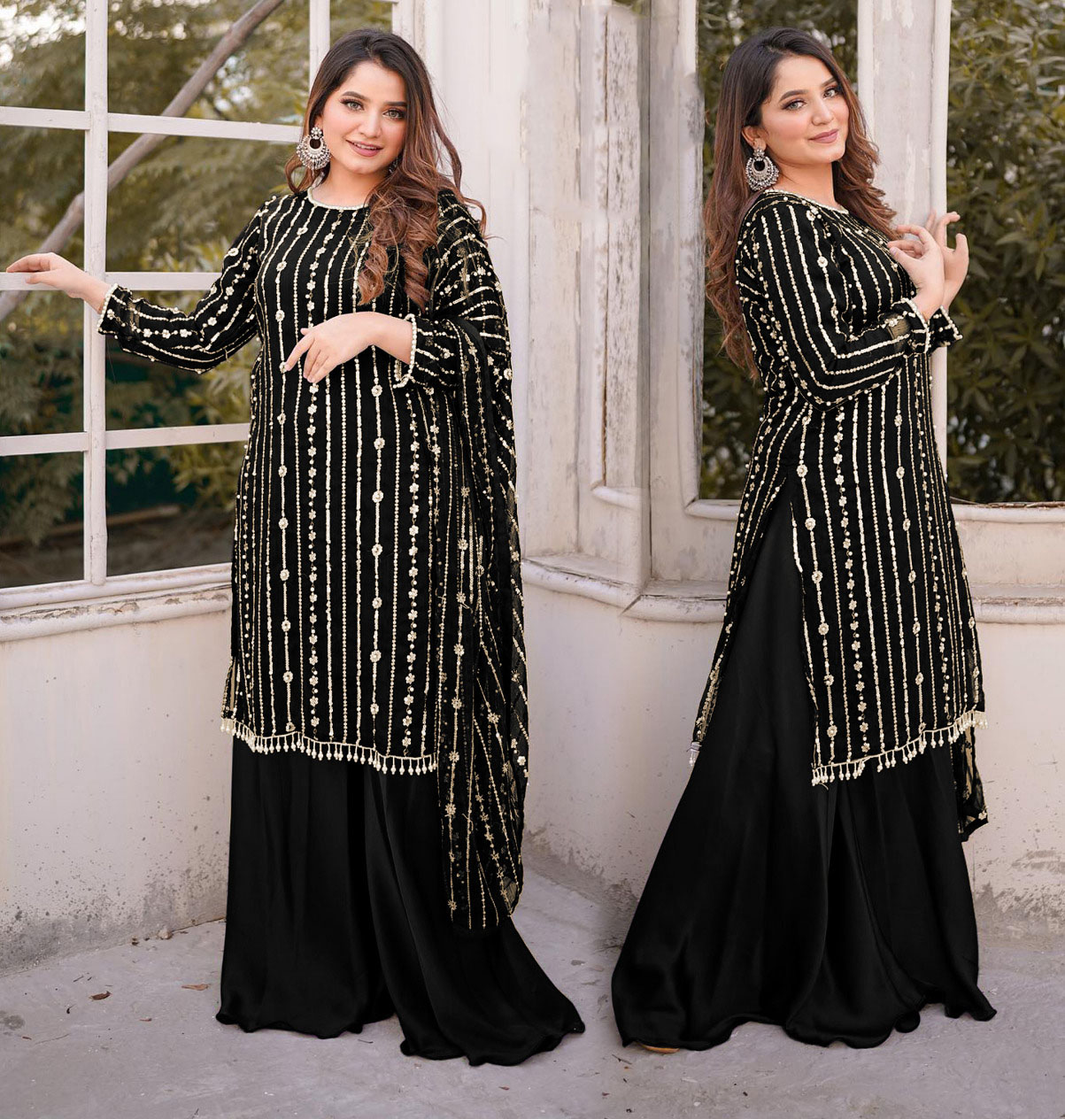 Wedding Wear Fancy Sequince Embroidered Shirt for Women with Dupatta Flapper 3 Piece Suit Fancy Wedding Dresses for Women Daraz.pk