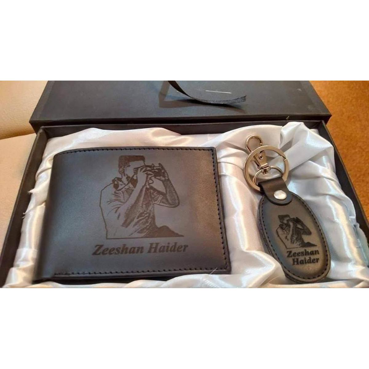 CUSTOMIZE NAME AND PICTURE ENGRAVED WALLET AND KEYCHAIN WITH BOX PACKING