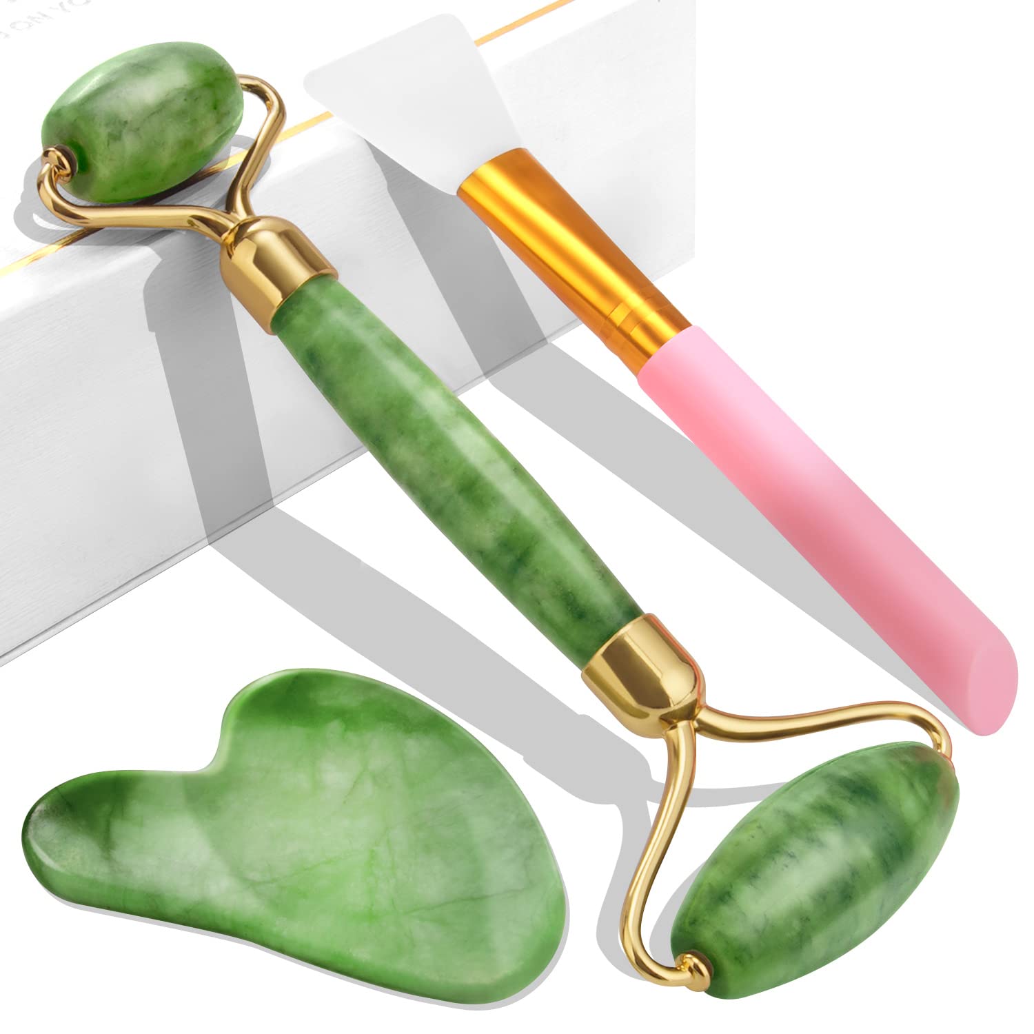 3 in 1 Set Original Jade Roller for Face - Face Roller, Natural Skin Care Tools - Face Massager, Facial Roller for Skin, Body, Eyes, Neck - Tones, Firms, Depuff