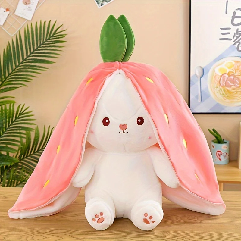 Bunny Stuffed Animal,Reversible Carrot Strawberry Bunny Plush Doll With Zipper Cute Soft Rabbit Toys Pillow Decoration 35cm