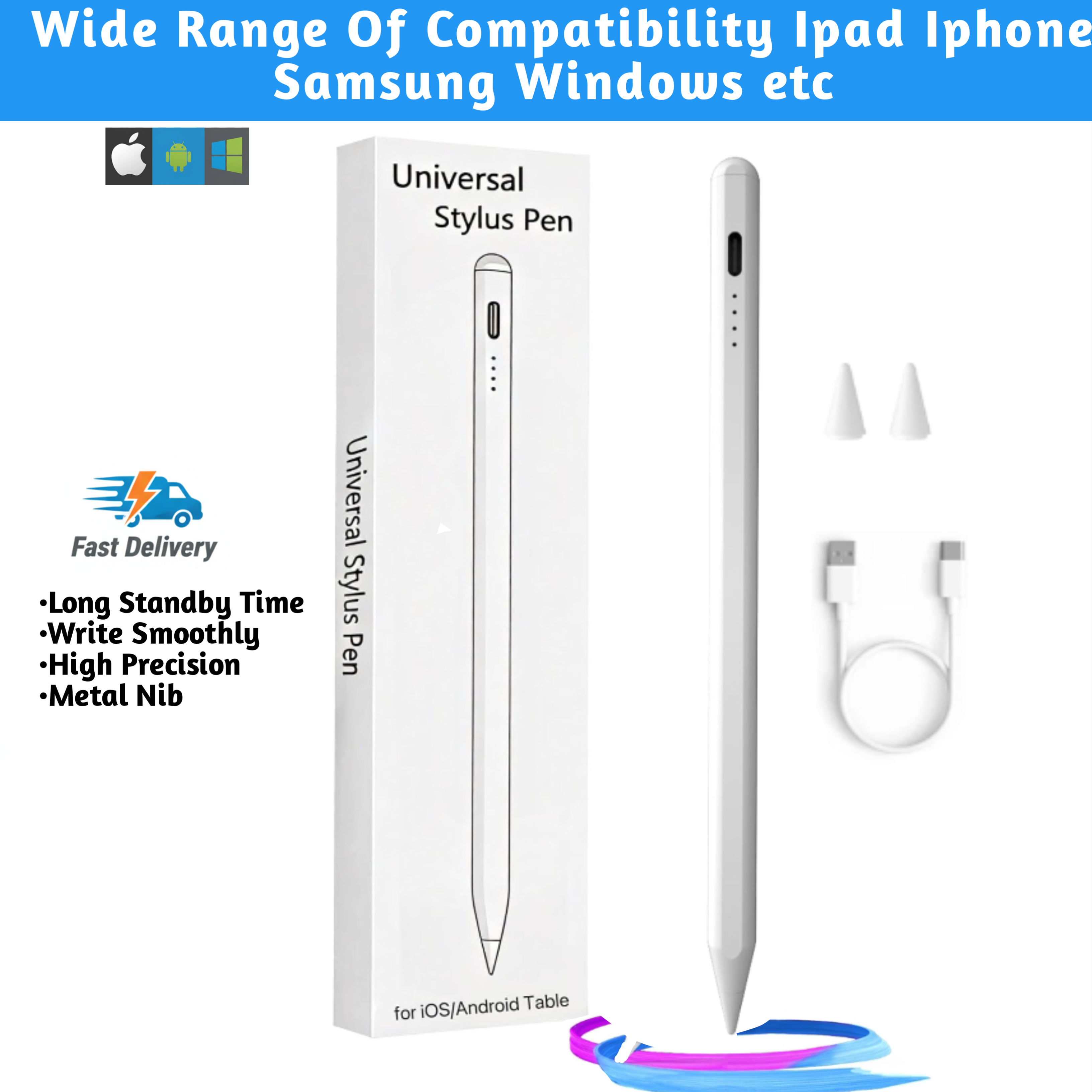 Smart Stylus Pen for Tablet, Universal Digital Pencil for iOS, Android & Windows Devices, Palm Rejection & Tilt Support, Touchscreen Writing & Drawing Pen