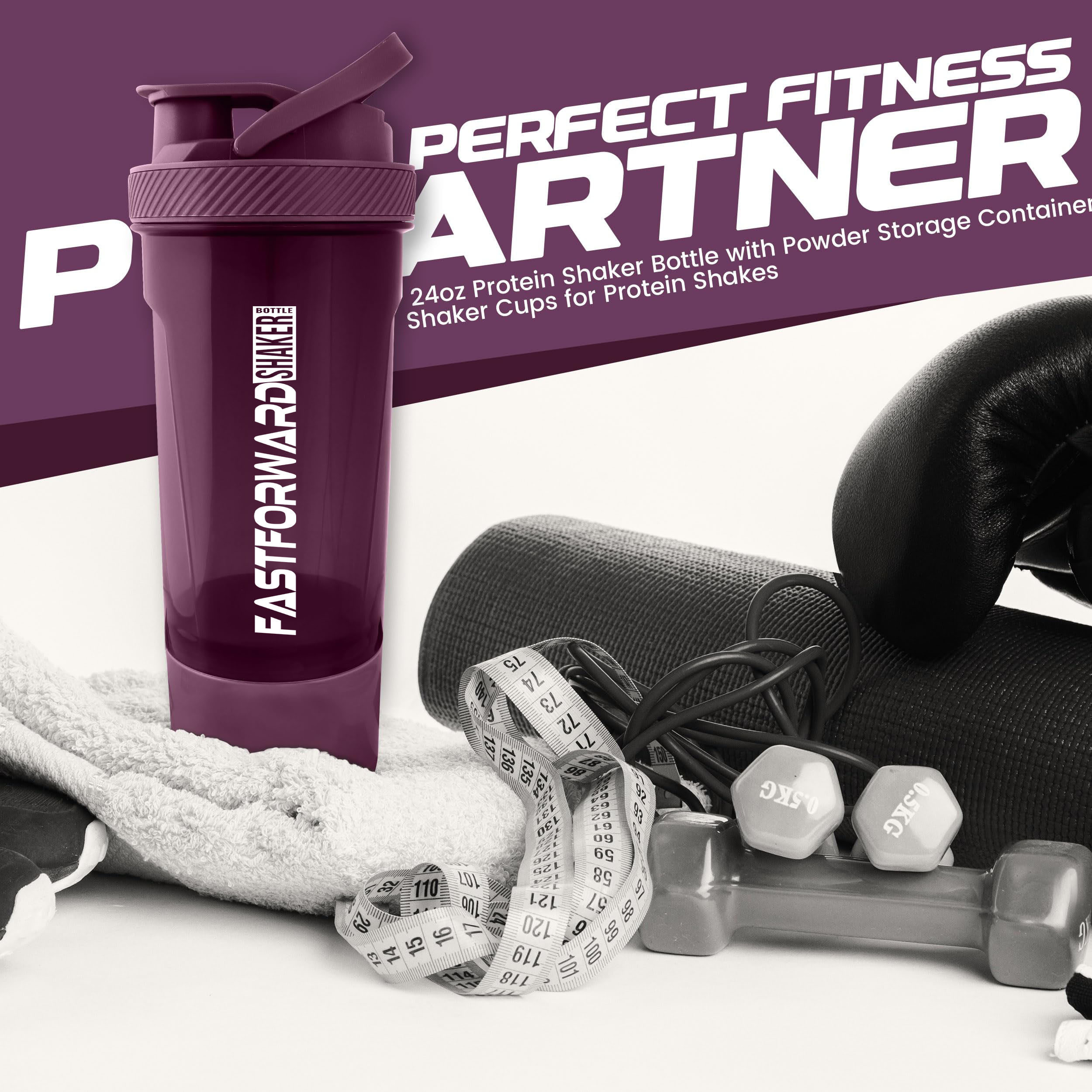 Fast Forward Shaker Bottle - 24 Ounce Protein Shaker Plastic Bottle for Pre & Post workout with Twist and Lock Protein Box Storage Pack of 2