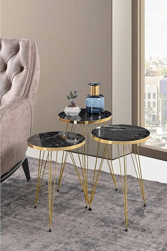 Comfort Zoon Set of 3 Black Marble End Tables Round Wood Sofa Side Coffee Tables for Small Spaces, Nightstand Bedside Table with Metal Legs for Bedroom, Living Room, Office