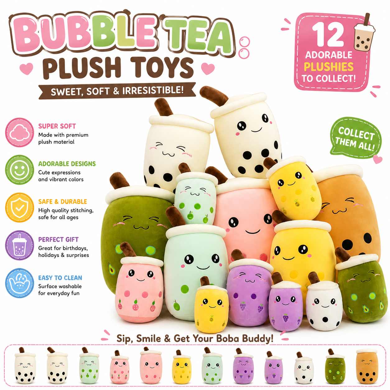 Cute Bubble Tea Plush Toy Collection| Kawaii Boba Milk Tea Stuffed Plush Dolls | Soft Cute Bubble Tea Pillow Toys | Collectible Plush Gift for Kids