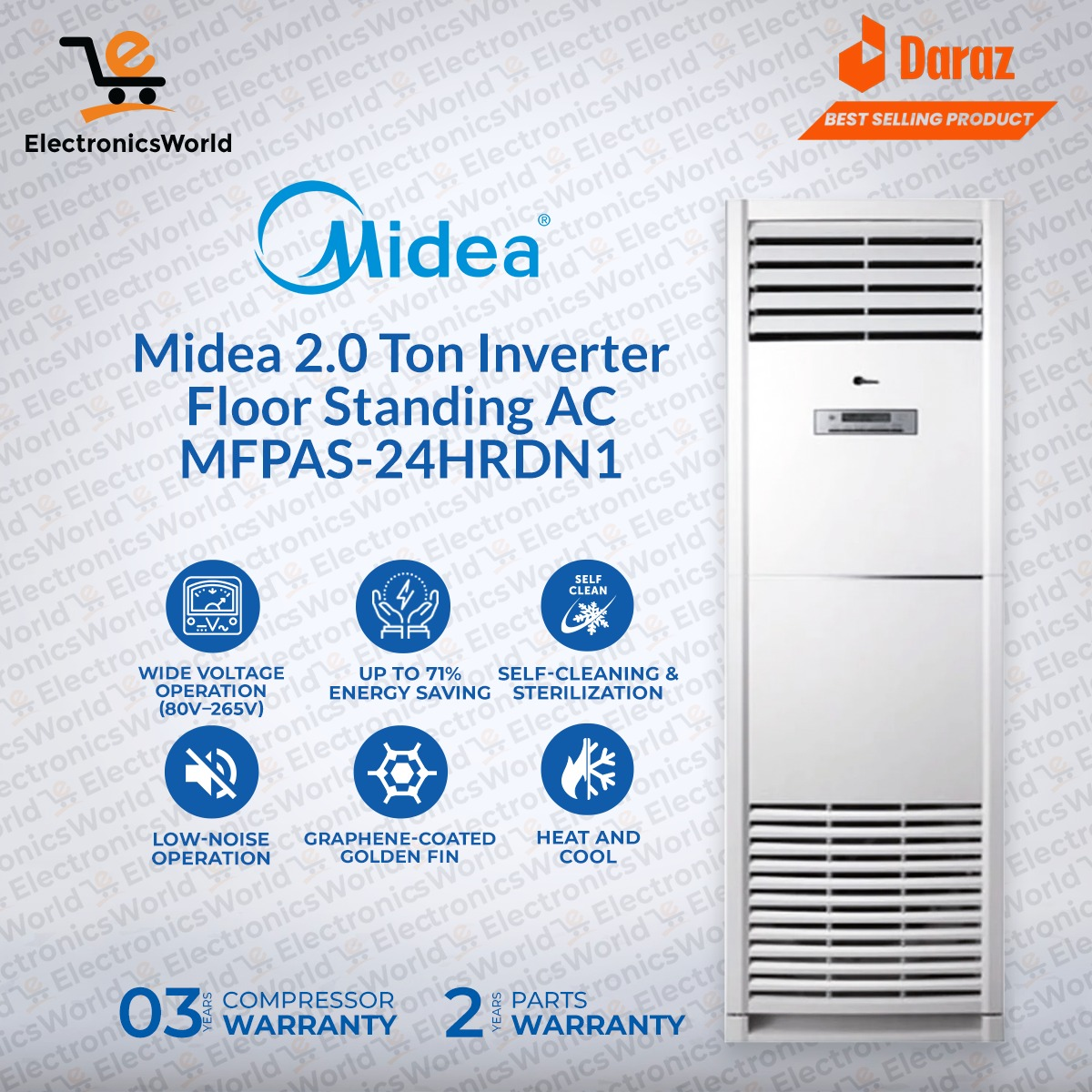 Midea Floor Standing -Full DC Inverter Air Conditioner 2 Ton  | Model Model: MFPAS-24HRDN1 | Cooling & Heating |100%  Copper R410 Eco Friendly Long Air Throw  | 03 Years Compressor 02 Years Parts Warr