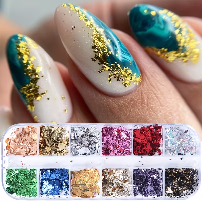 12 Grid Holographic Nail Foil Glitter Set | Gold Silver Rainbow Chrome Flakes & Confetti Glitter for Nail Art, Resin Art & DIY Crafts | Nail Gems Nail Charms Nail Art Decoration Supplies and  for resin art