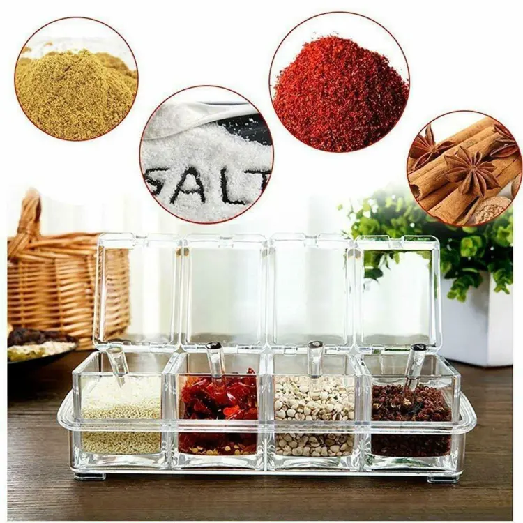Clear Condiment Rack - 4 Piece Condiment Jars Storage Containers - Acrylic  Seasoning Box, Cruet with Lid and Scoop