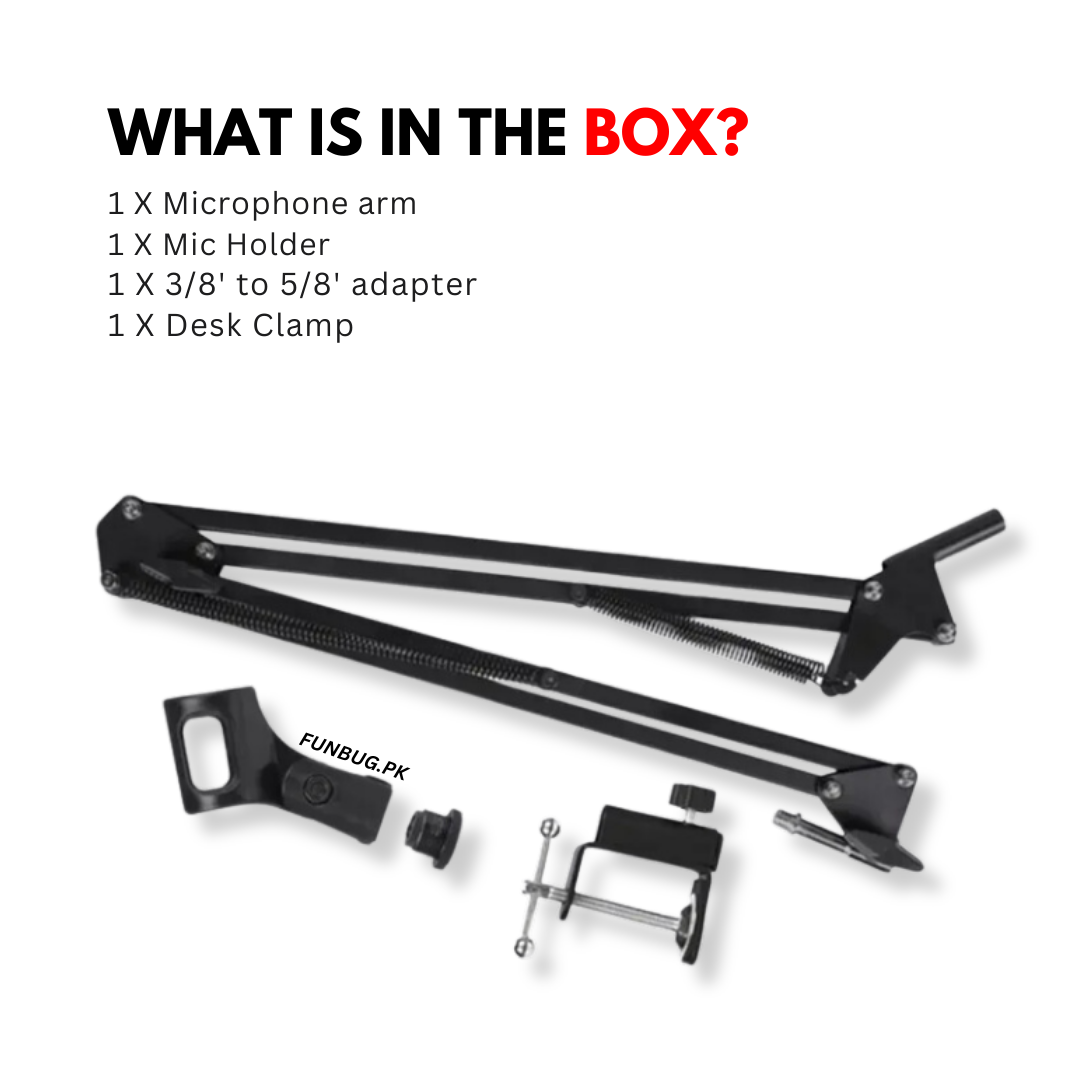 FunBug Professional Metal Scissor Arm Microphone Stand - Adjustable Desk Mount Boom Suspension Arm Stand for Studio, Office, Gaming, Streaming, Podcast - Mic Holder with Clamp for BM800 Condenser Microphone & All Other Mics - Black