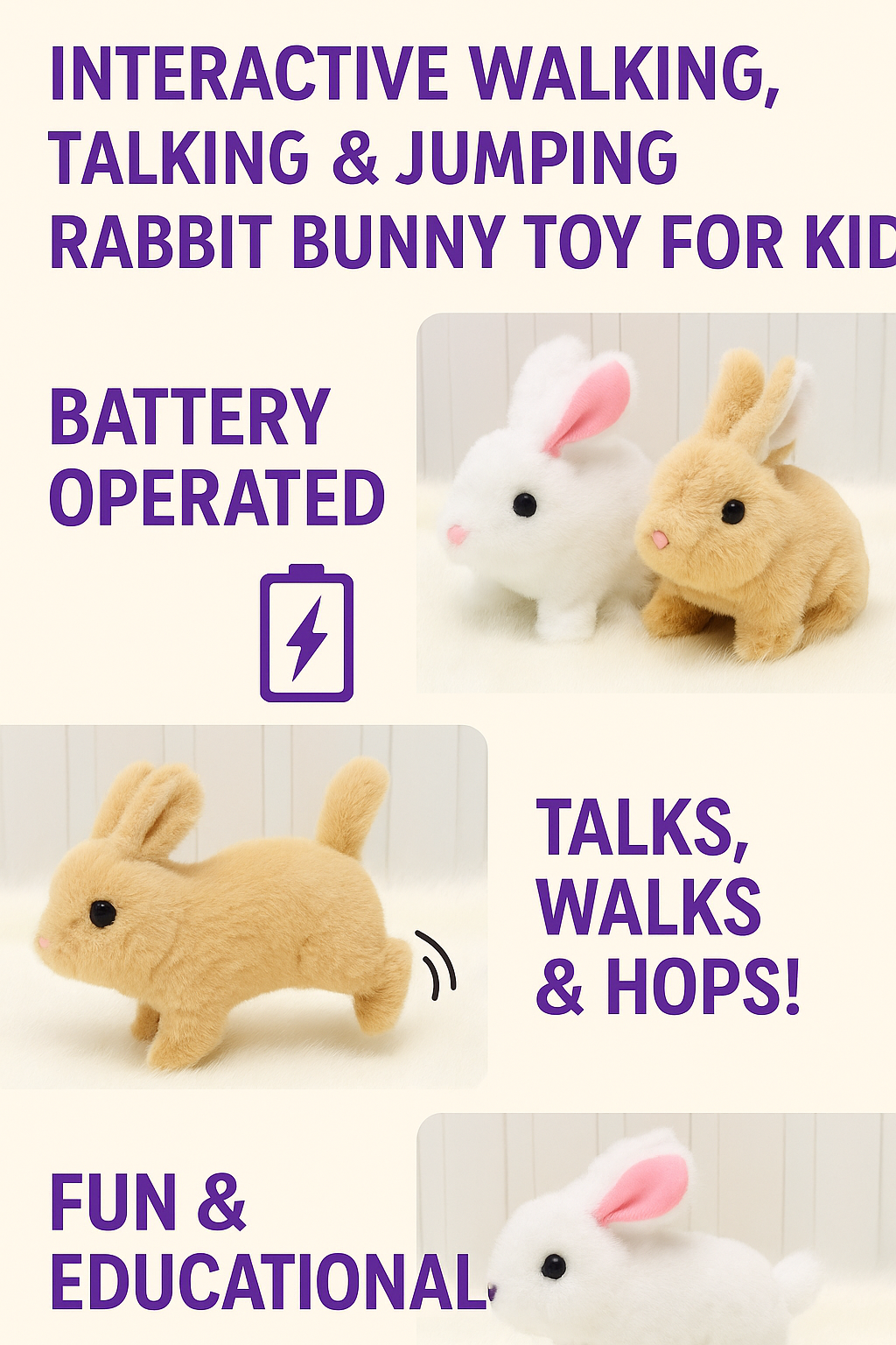 Interactive Walking Talking and Jumping Rabbit Bunny Toy for Kids Battery Operated Plush Rabbit with Wiggle Ears Twitching Nose and Hopping Action Educational Gift for Boys and Girls Soft Cuddly Plush