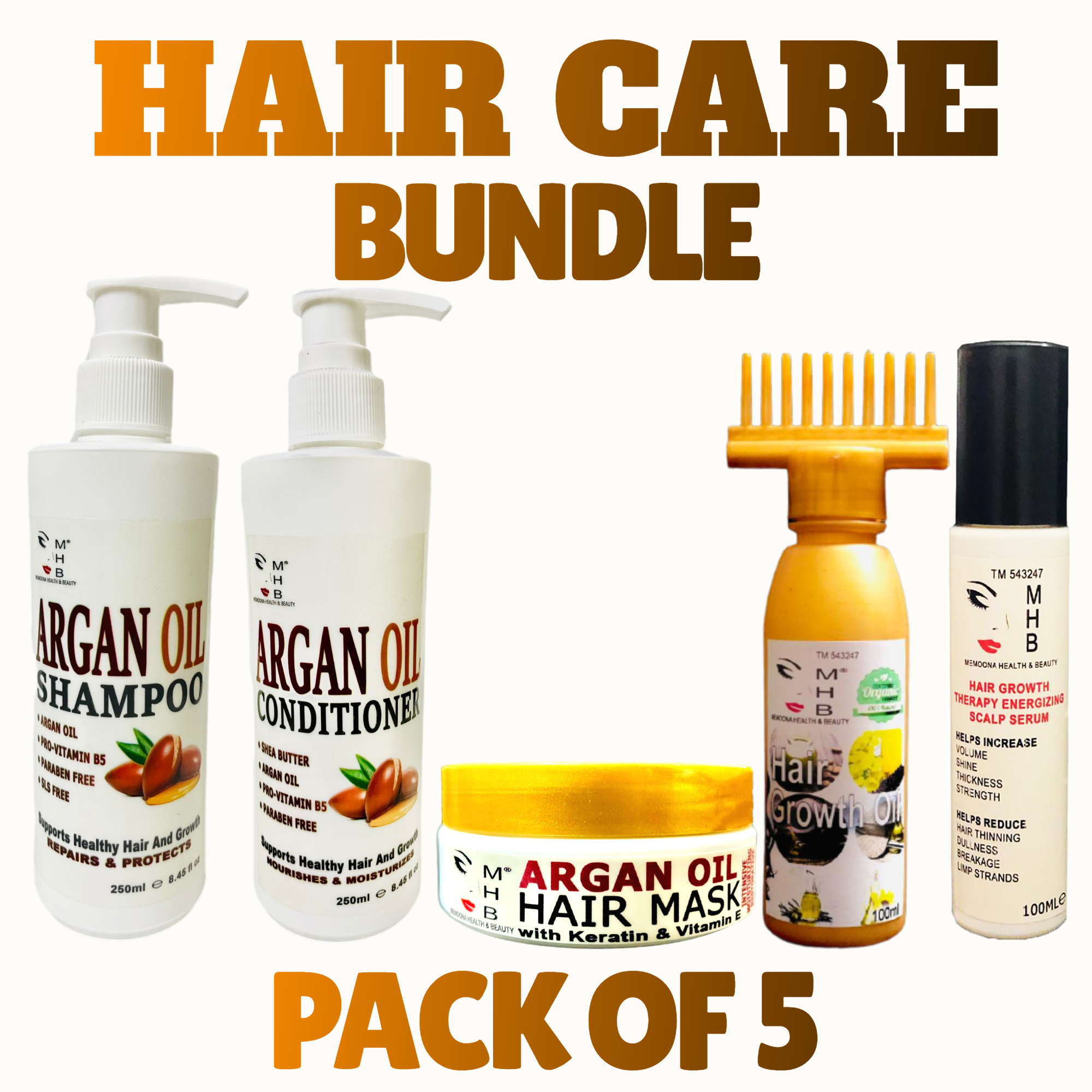Mhb Hair Care Bundle - Argan Shampoo Conditioner Mask - Hair Serum - Hair Growth Oil