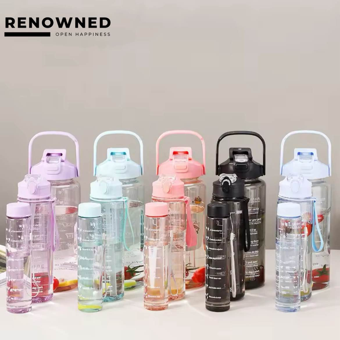 reliableHUB - 3 in 1 Transparent Motivational Water Bottles with Straw & Time Scale Reminder – BPA-Free, Leakproof, Large Capacity Hydration Set for Gym, Office & Outdoor Use