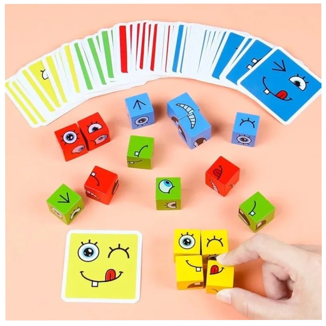 Popular Montessori Wooden Crazy Face Puzzle Game With Bell Educational Face Changing Cube Card Game