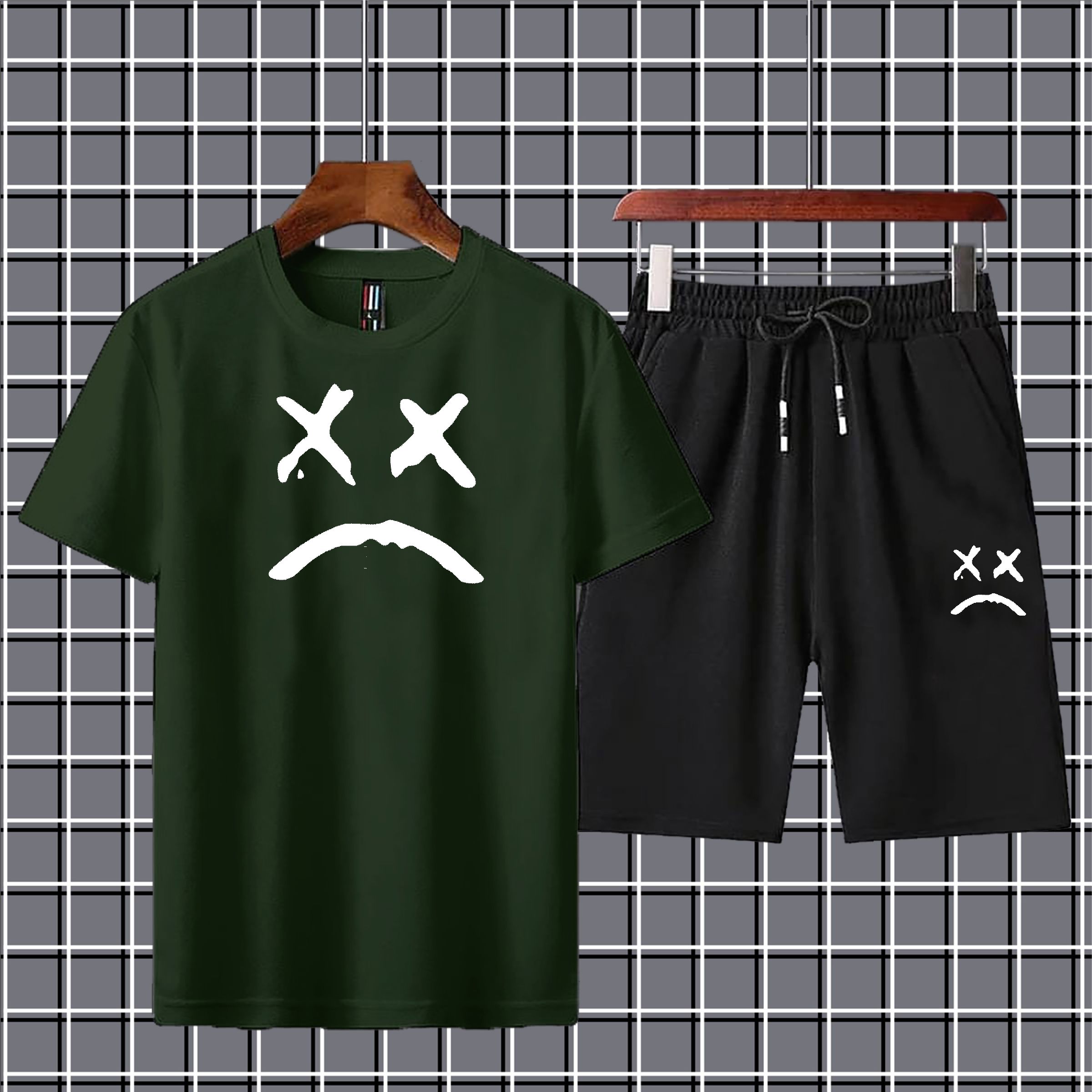Sad face printed summer short tracksuit premium quality soft & comfortable fabric gym wear Tshirt+short tracksuit for men&boys