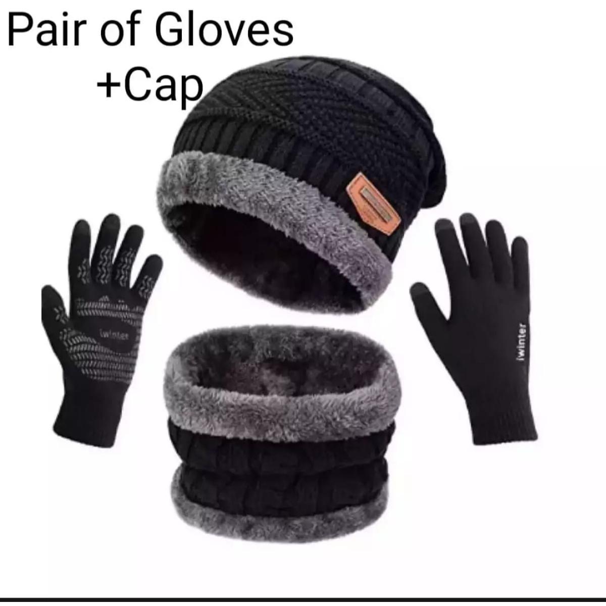 3 Piece Winter Beanie Cap + Neck Warmer Touch Screen Gloves Set | Woolen Hat & Muffler for Men & Kids | Warm Winter Cap for Bike, Boys & Outdoor Use | Topi Hat Cap Neck Warmer Full Set | Beanie cap /Wool cap with neck warmer for men women Beanie Hat Warm