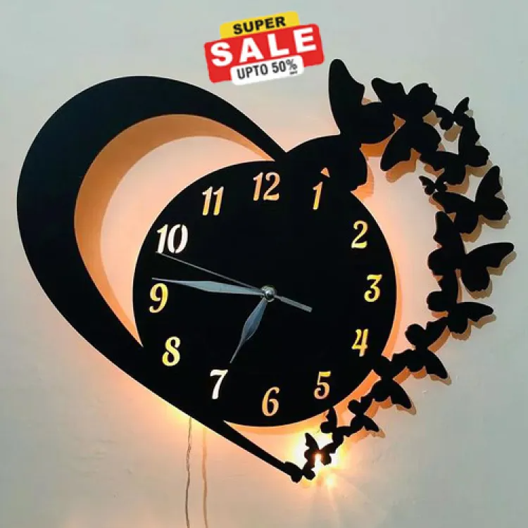 Pyari Walls Heart Wooden Wall Clock with Premium Quality Light | Quartz Wall Watch DIY Design Decoration Piece for Home Decor and Living Room | Decorative Clocks for Bedroom and Drawing Room and for Gift Items, Clock for Rooms | clocks, wooden clock