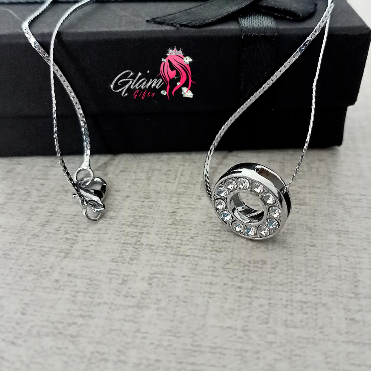 Silver Ring Pendant Necklace Embellished with crystals-Gift Box Included