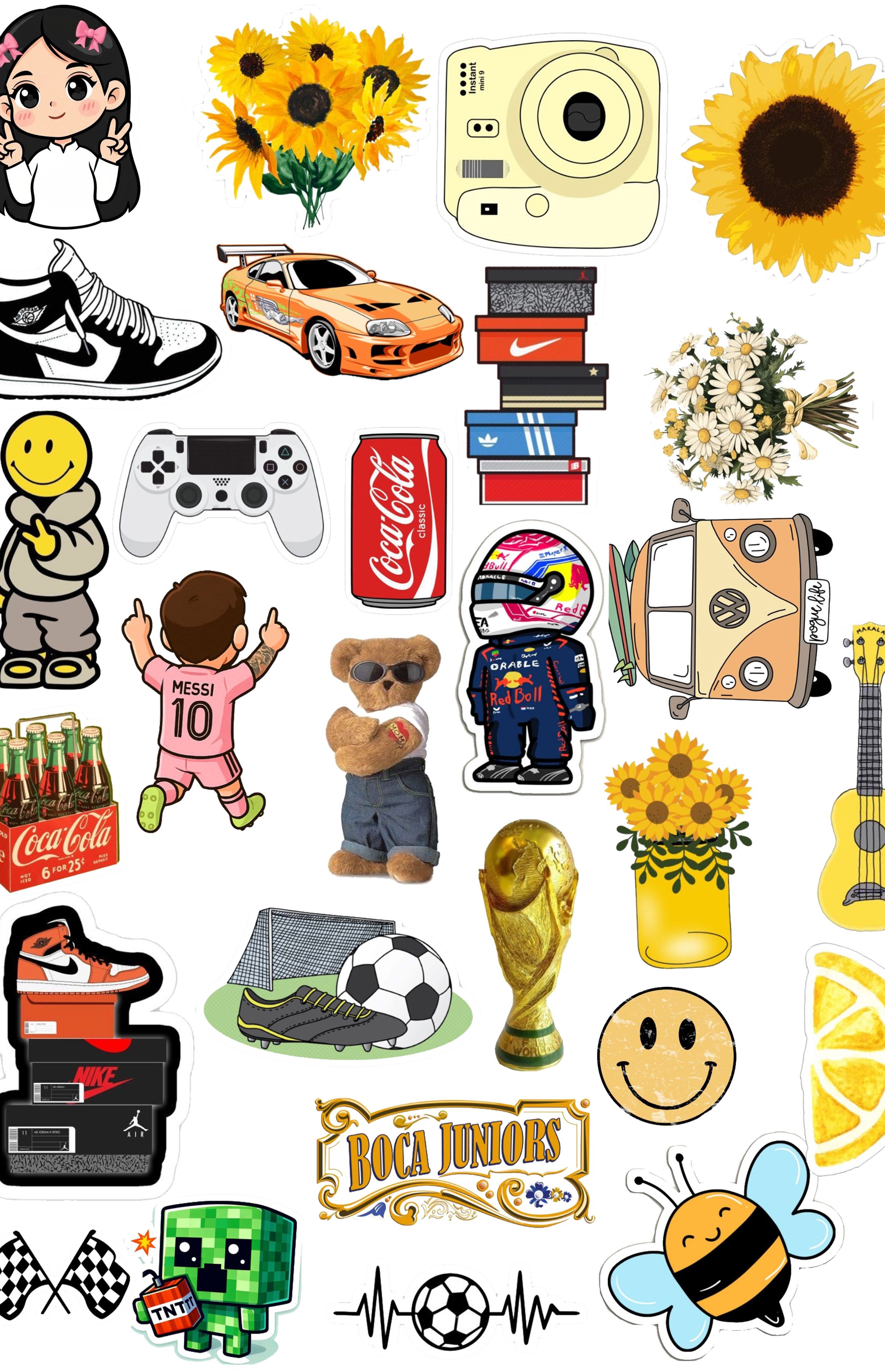 Trendy Hypebeast & Sports Laptop Stickers Messi 10, FIFA World Cup Trophy, Sneaker Shoe Boxes, Sunflowers, and Gaming Decals for Laptops & Journals Pack Of 28 Each Size 2Inchx2Inch Sticker