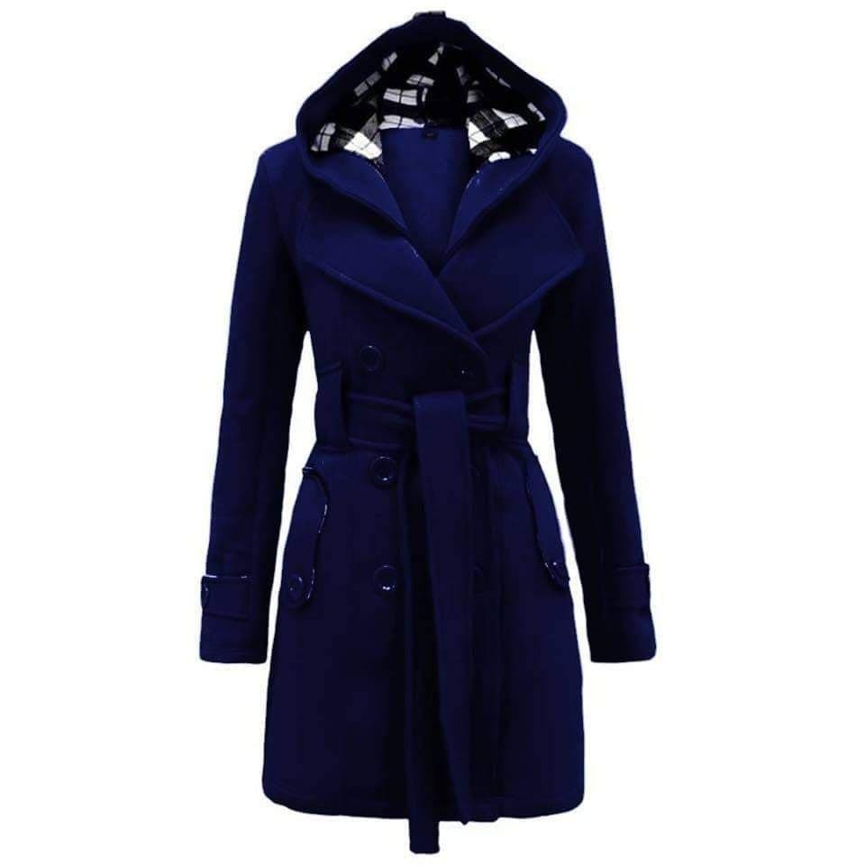 Stylish Checkered Hooded Trench Coat For Girls navy blue