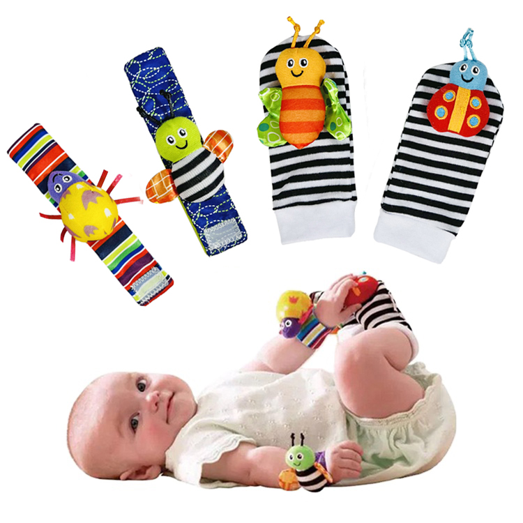 4 Pcs Baby Rattle Set Toys Infant Wrist Strap Baby Socks Foot Finder Educational Handbells Cute Spider Cartoon