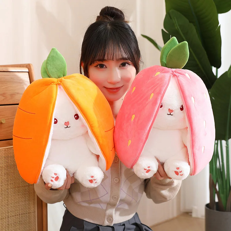 Creative Carrot Strawberry Bag Transform To Rabbit Plush Toys Lovely Long Ears Bunny Stuffed Soft Doll Kawaii Kids Gifts 18cm/35cm