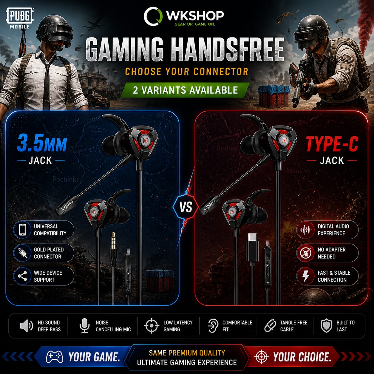 Gaming Handsfree For PUBG Free Fire Call Of Duty Mobile | Noise Cancelling Mic | Deep Bass HD Stereo Sound | Low Latency Wired Gaming Earphones | 3.5mm & Type-C Jack Gaming Headset For Android lPhone PC Laptop PS4 PS5 Xbox Tablet | Gaming Earbuds With Mic