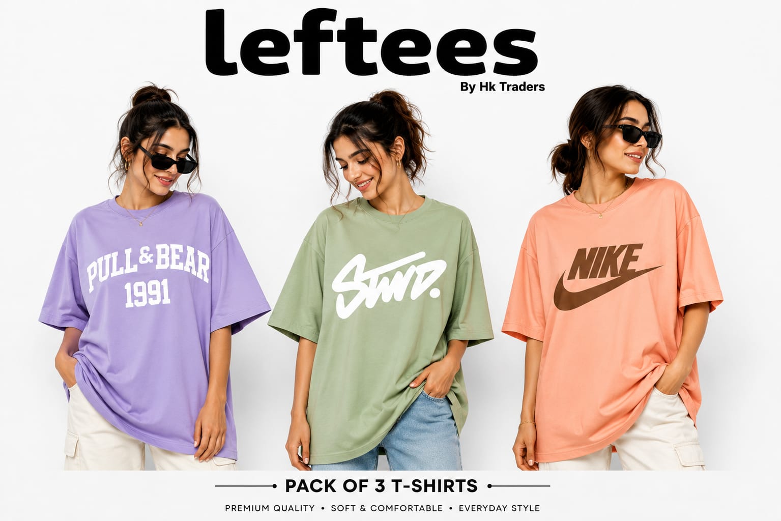 Set Of 3 Women's Casual T-Shirts Regular & Oversize Soft & Breathable Fabric Super Trendy Design And Multiple Colors
