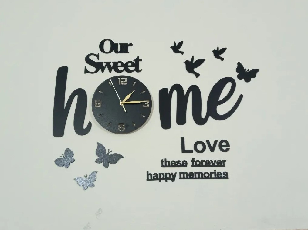 Sweet Home Butterflies and Birds Wall Clock, 3D Wooden Watch, Wall Clock, Wooden Wall Clocks, Wall Clocks for Bedroom, Clock. Sweet Home Wall Clock for your Sweet Home, Clock with light, Wall art