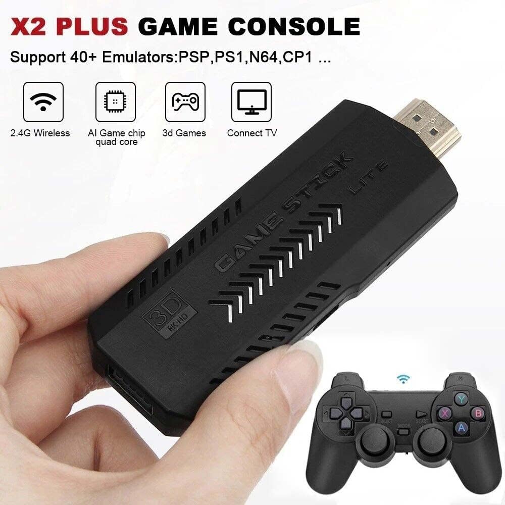2.4G Wireless Controller Game Stick X2 With 64gb Tf Card Plug and Play Video Game Stick Built in 20000+ Games, 4K High Definition HDMI Output with Two Game Controllers