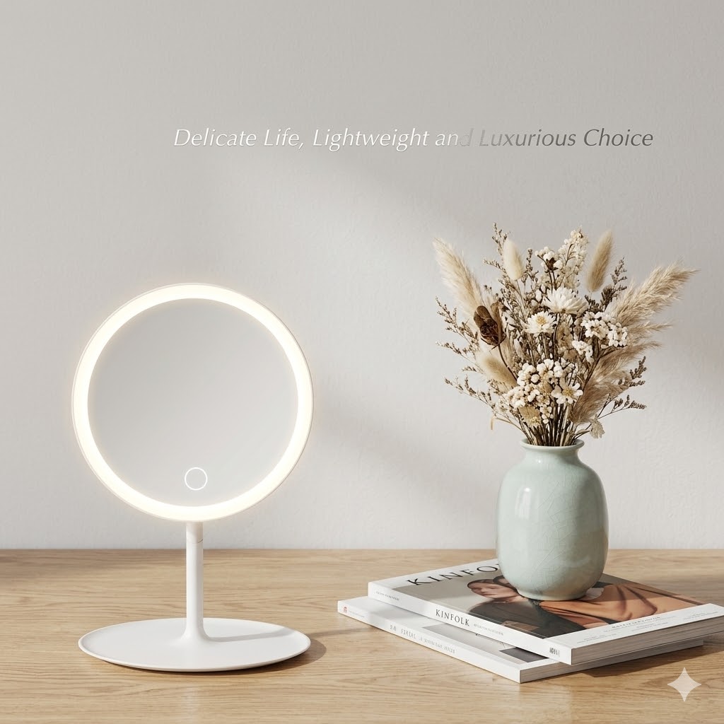 Portable LED Makeup Mirror With Light, Touch Sensor, Natural Daylight, Rechargeable Variant, 90° Rotating Vanity Mirror, Tabletop Vanity Mirror, Vanity Mirror With Light