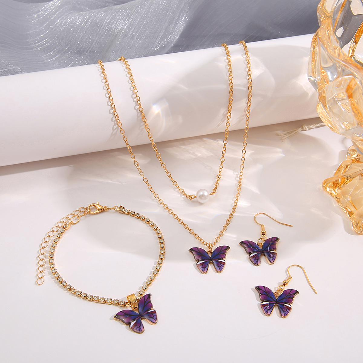 4PCS Jewelry Set for Girls Butterfly Necklace Earrings Bracelet Jewlry for Women Purple, Blue and Red Color Oil Drip Chain Pendant Female Gifts