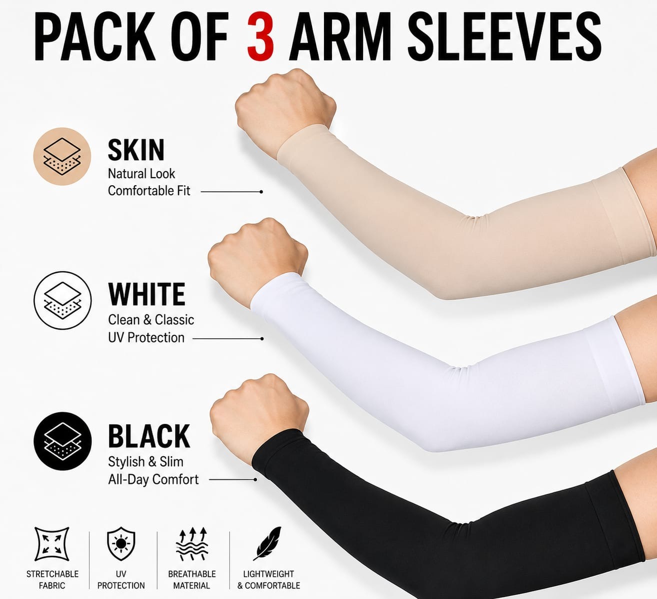 Pack Of 3 Pair Sleeves for Arms for Girls Stretchable Cooling Hijab Sleeves for Women Long Sleeves Protect from Sunlight Perfect for Outdoor Sports