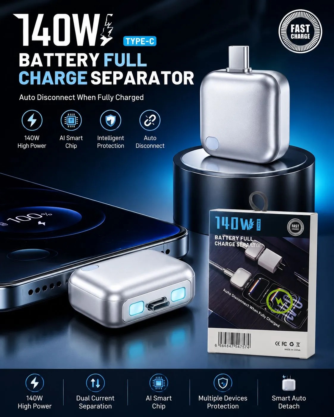 Smart Auto Stop Charging Adapter 140W Type-C | Auto Stop Charger | Auto Disconnect | AI Auto Cut-Off Fast Charger Protector | Overcharge Protection & Battery Health Saver for Android, Laptops & Tablets