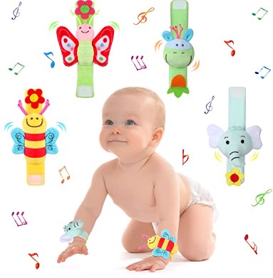 Baby Wrist Rattle Toy – Soft Animal Wristband for Infants 0-12 Months, Sensory Development & Early Learning, Newborn Rattle Bracelet Baby Toy