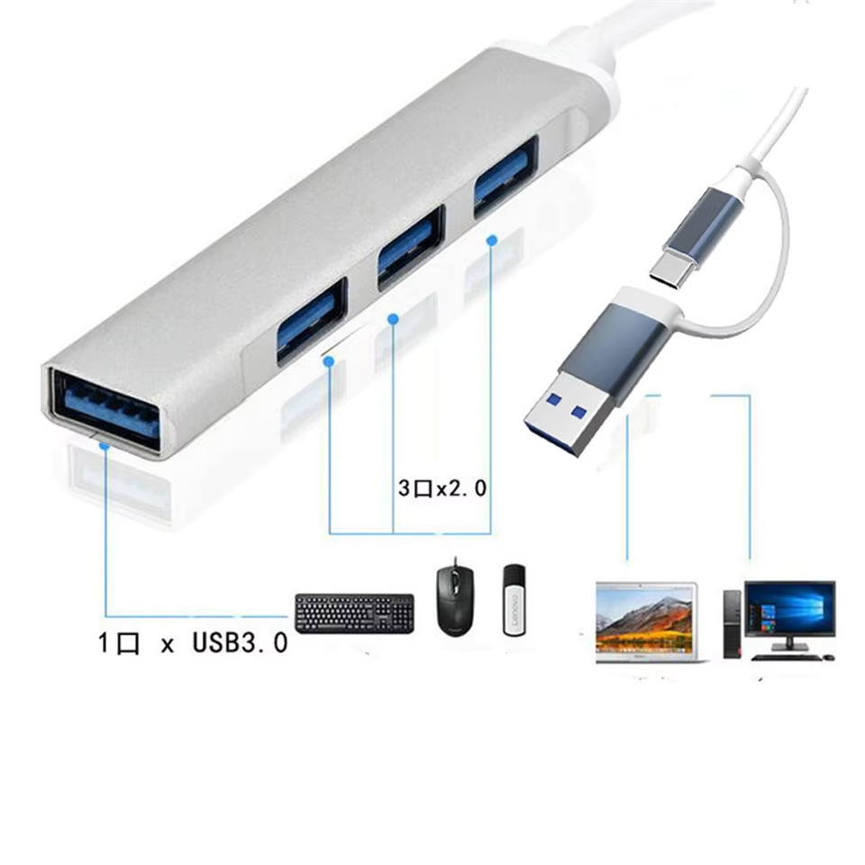 2 in 1 Type C + USB HUB Dock 3.0 Type-C 4 Ports USB 3.0 2.0 Hub Multi-port USB Splitter Expander OTG Adapter
