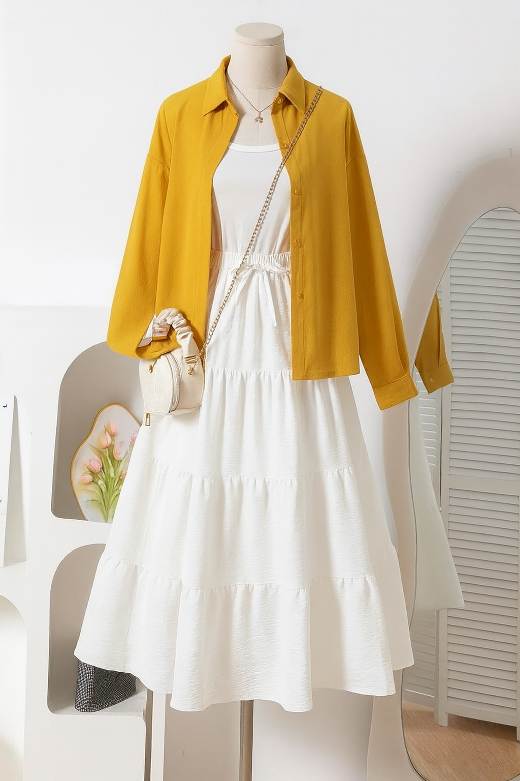 Western Wear Layered Maxi Dress Set for Girls – Elegant Button-Down Shirt with Flowy Tiered Inner Dress