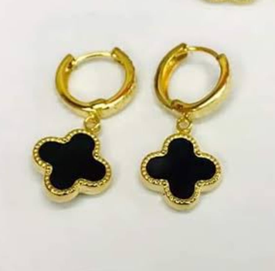 HCE-124-BLK Hanging Clover Earrings Golden with Black Stone Four Leaf 3cm Drop Earrings Trendy Fashion | Light Weight for Ladies / Girls / Women / Artificial Jewelry