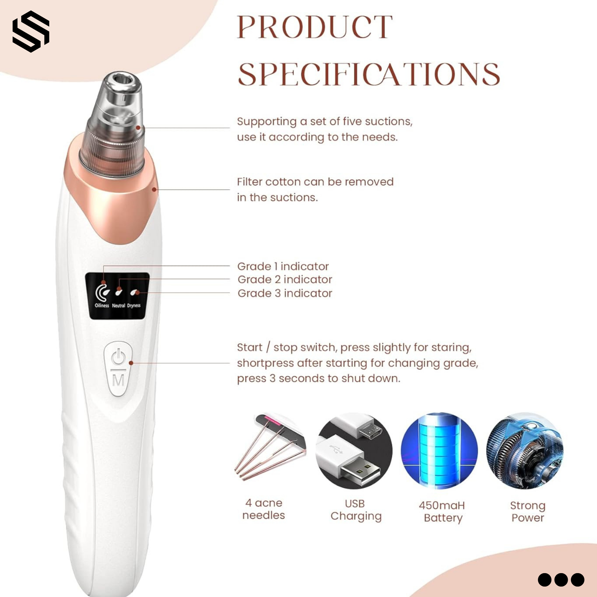 Multifunctional Blackhead Remover & Pore Cleaner – Electric Vacuum Suction Facial Cleaning Instrument – Rechargeable Skin Care Tool for Deep Cleansing & Exfoliation