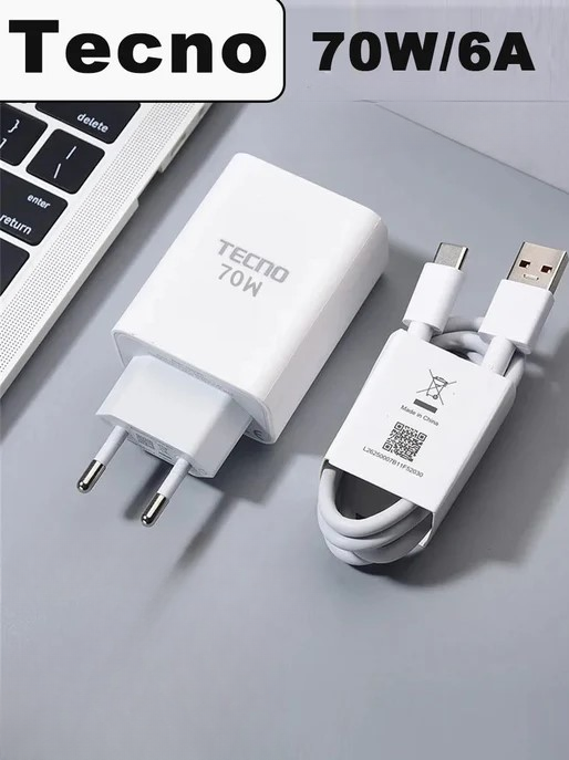 [Original] Tecno 70W Ultra Fast Charger For Camon 30 POVA 6 , POVA 6 Pro - Tecno Warp Charging Adapter + Type C Cable For Tecno Pova 6 Pro 5G | Tecno Charger 70W With Type C Cable For All Smartphones