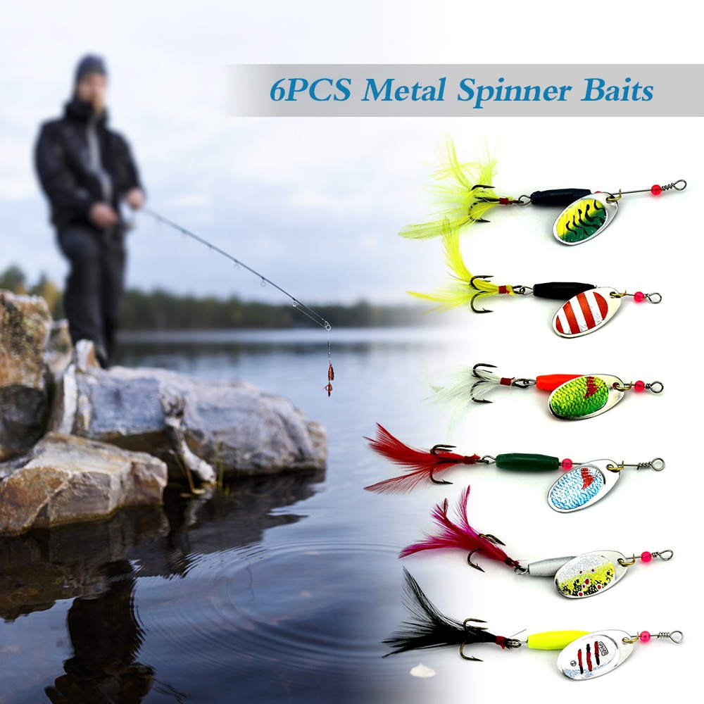 6PCS Fishing Lure Spinners Spinnerbait Kit Metal Spinner Baits Kit with  Rooster Tail Treble Hook Bass Trout Fishing Lures Lot