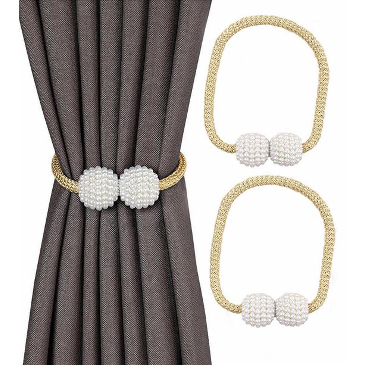 2 PCS Magnetic Pearl Curtain Buckle Magnetic Curtain Tiebacks Convenient Drape Tie European Style Decorative Weave Rope Curtain Rings & Buckles Holder for Window Sheer Blackout Draperies, Braided Straps Ball Buckles, Parday
