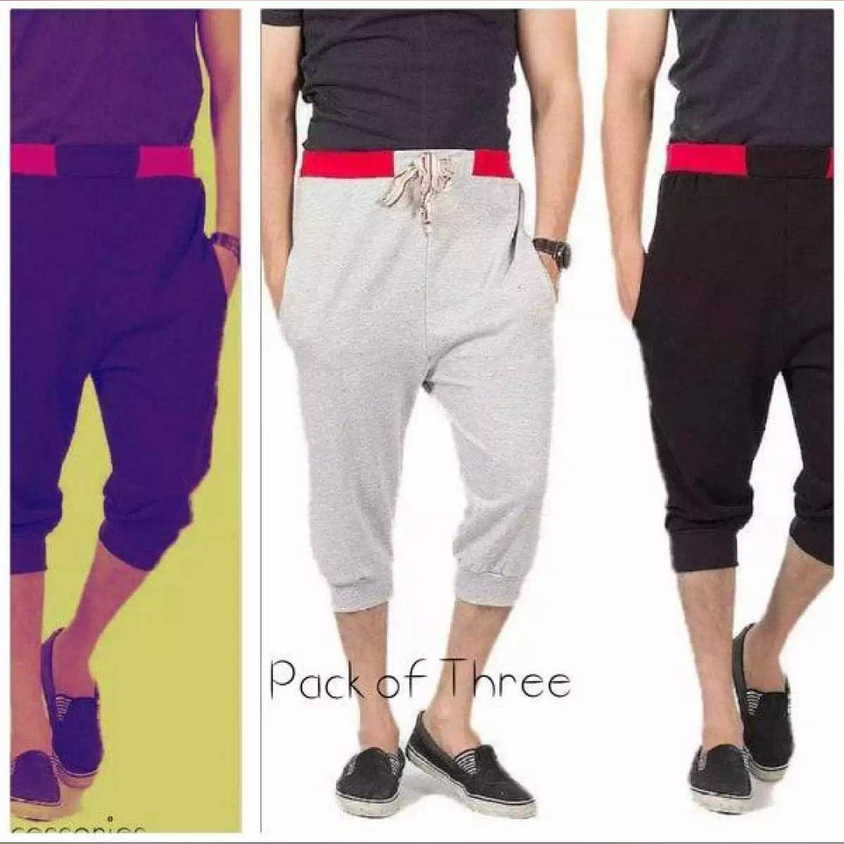 Pack of 3 - Three Quarter Jersey (Bermuda) Shorts For Men - Blue, Black, Grey